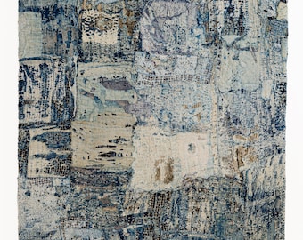 Arte mural textil de algodón desgastado con patchwork índigo boro japonés Edo Meiji 004