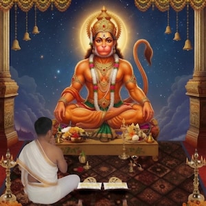 May include: A digital illustration of the Hindu deity Hanuman seated in a meditative pose with orange skin, wearing a golden crown and jewelry, adorned with floral garlands. A person in white robes sits in prayer before a platform with offerings.