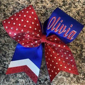 Cheer bow / custom cheer bow / red and blue cheer bow /Royal blue and red cheer bow / Rec cheer bow /Rhinestone cheer bow / Comp bow / Bow