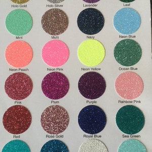 May include: A chart of 24 different colors of glitter, each color is labeled with its name. The colors include: Deep Pink, Emerald, Georgia Peach, Holo Gold, Holo Silver, Lavender, Leaf, Mint, Multi, Navy, Neon Blue, Neon Peach, Neon Pink, Neon Yellow, Ocean Blue, Pink, Plum, Purple, Rainbow Pink, Red, Rose Gold, Royal Blue, Sea Green, Teal, Turquoise, and White.