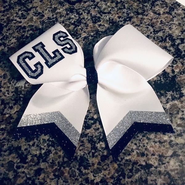 Chevron cheer bow/ Outlined name on cheer bow, custom cheer bow,navy and silver cheer bow, white cheer bows,football cheer bow