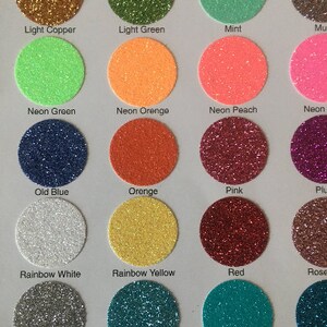 May include: A chart of glitter colors, with names like Grape, Grey, Light Copper, Light Green, Mint, Neon Green, Neon Orange, Neon Peach, Old Blue, Orange, Pink, Rainbow White, Rainbow Yellow, Red, Silver, Sky Blue, and Teal.