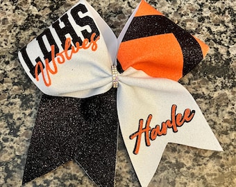Custom Black and Orange Cheer bow - Personalized Glitter Cheerleading Bow with Name - Great Competition bow or Nationals Bow
