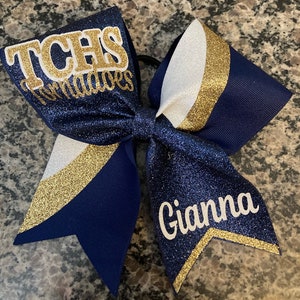 Navy ang gold custom cheer bow. Swish design. Great Gameday cheer bow, competition cheer bow, sideline cheer bow, bulk bows for your squad