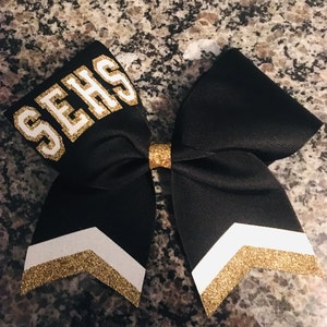Cheer bow with chevron tails and outlined name/Fully customizable cheer bow, team cheer bows, gold and black cheer bow, school cheer bows