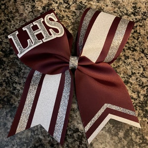 Burgundy cheer bow, custom cheer bows in your team colors, stripes on cheer bow, name on cheer bow, basketball cheer bow, rec cheer bow