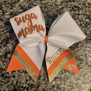 Orange and gold glitter cheer bow for sorority