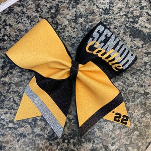 Yellow gold and black cheer bow, rec cheer bow, competition cheer bow, custom cheer bows, senior cheer bow, yellow gold cheer bow, sideline