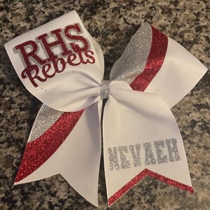Custom Cheer Bow with Glitter Accents & Personalized Name - Beautiful Sparkling Spirit bow in Your team  colors. Great Sideline or Rec Bow.