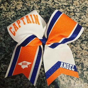 Captain cheer bow/ Your text on cheer bow/ Senior cheer bow/ Custom cheer bows/ Cheerleader gift / Cheer bow royal blue / Team cheer bow