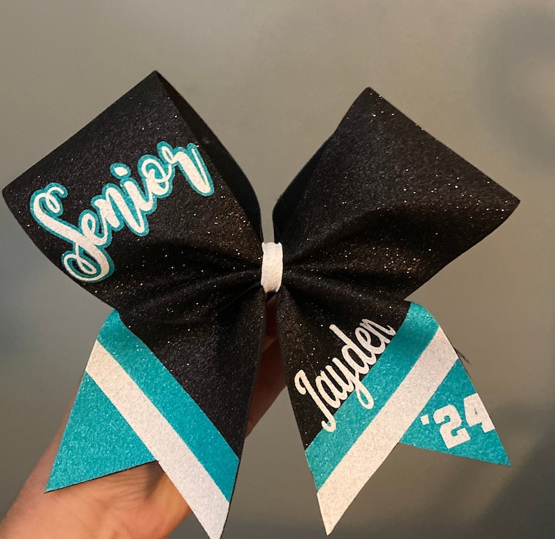 Black and Teal custom Senior cheer Bow.