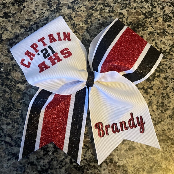 Captain cheer bow /Custom cheer bow/ Senior Cheer bow/ Any text on bow/ Senior night/ Football cheer bow/ Varsity cheer bow/ Rec cheer