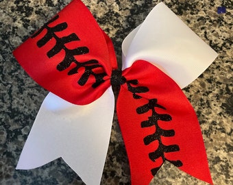 Softball bow in two colors, custom softball hair, Custom softball bows, Laces on bow, Threads on bow, Softball player bow, Baseball bow