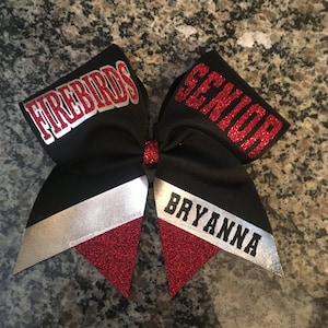 Senior cheer bows . Custom bows with team name, Triangle corner cheer bow and stripe with name, senior gift, 2025 senior cheer bow, Sideline