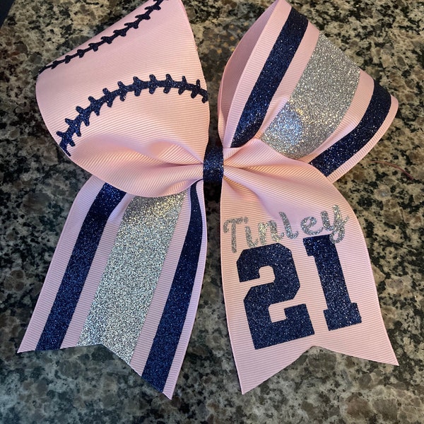 Softball bow  tournament bow / cheer bow with softball laces and number / your team colors on bow /baseball bow /