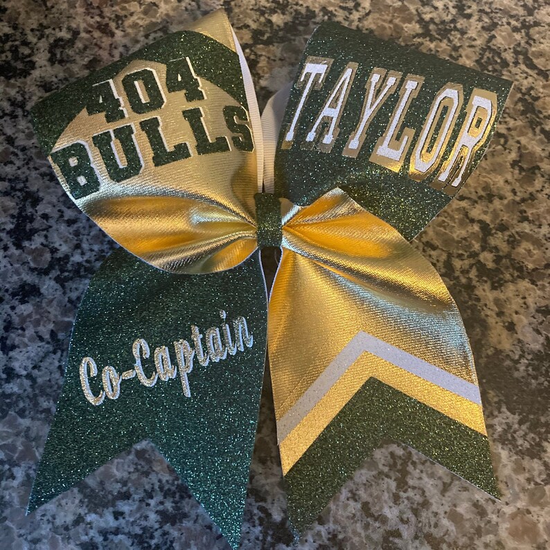 Cheer bow in 2 colors Great Rec cheer bow Competition cheer bow Custom team cheer bows Green and Gold cheer bow Dance bow