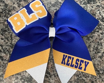 Cheer bow for rec cheer / basketball cheer/ school cheer bow/ name on cheer bow. Your colors on bow/ Shown in royal blue and yellow cheer bo