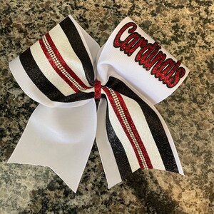 Cheer bow custom for your team / Rec cheer bow/ Rhinestone cheer bow / Bows for cheer squad / Stripes on cheer bow / Red black white bow