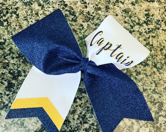 Captain cheer bow / Any text on bow / navy and white cheer bow / Custom color cheer bow/ Rec cheer bow/ Glitter cheer bow / Dance bow