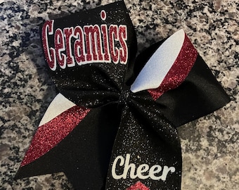 Red Black White custom cheer bow. Swish design. Great Gameday cheer bow, competition cheer bow, sideline cheer bow, bulk bows for your squad