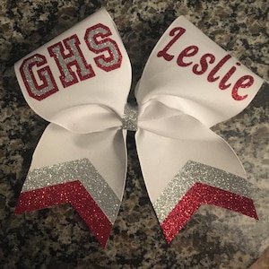 Cheer bows/ Custom bulk orders for cheer team/ Spirit cheer bow. Red and white cheer bows with Chevron tails