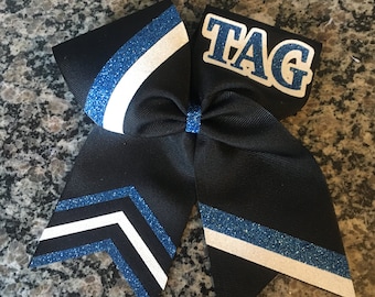 Custom Team Color Cheer Bow: Glitter Stripes & Text. Sideline Bow