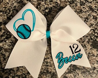 Softball hair bow with softball heart. Custom colors on bow with player name and number. Cute softball bow for players. Gameday softball bow