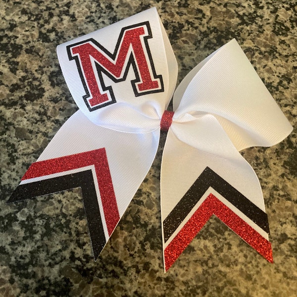 Custom cheer bow designed in your team colors. Cheer bow with chevron tails and letter.  Great gameday bow, sideline cheer bow, school bow