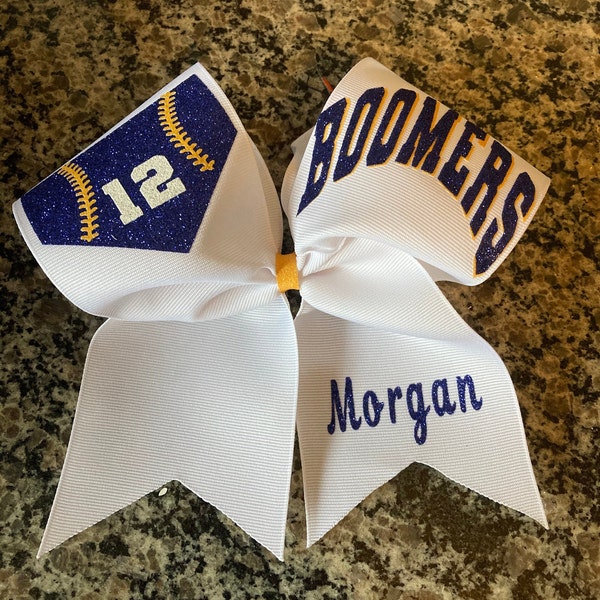 Softball bow cheer bow with homebase/ player number on bow / Softball bow with team name / Custom softball bow in royal blue and yellow gold