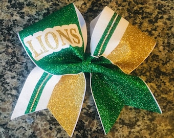 Custom cheer bows, Dance bow, Gameday or competition bows, Gold bows, Team bows, Squad bows, Varsity cheer bow, Cheer gift. Green cheer bow