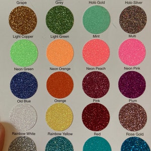 Pu&ograve; includere: Una tabella colori con campioni di glitter in vari colori, tra cui Grape, Grey, Holo Gold e Holo Silver. Altri colori includono Light Copper, Light Green, Mint e Multi. Sono presenti anche Neon Green, Neon Orange, Neon Peach e Neon Pink.