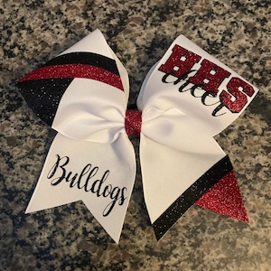 Cheer bow with colored corners, custom team bows, red black and white bow, sideline cheer bow, recreation cheer bow, team bows softball bow