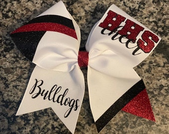 Cheer bow with colored corners, custom team bows, red black and white bow, sideline cheer bow, recreation cheer bow, team bows softball bow