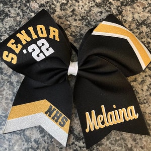 Senior cheer bow/ cheer bow / Captain cheer bow/ Team name on cheer bow/ Yellow cheer bow/ Black cheer bow/ Sideline cheer bow/ Squad bows