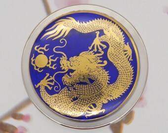 Czech Gold Printed Dragon on Blue Glass  - SMALL-MEDIUM 50MM (2 INCH) 4 Part Silver Metal Herb Grinder
