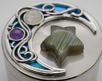 Moon with Moonstone, Amethyst, and Labradorite Star - SMALL-MEDIUM 50MM (2 INCH) 4 Part Silver Metal Herb Grinder