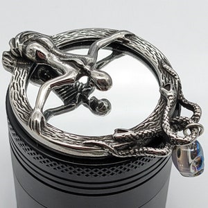 Memento Mori : Woman with Skeletal Reflection with Crystal Skull Charm - SMALL 40mm (1.5 inch) 4 Part Metal Herb Grinder