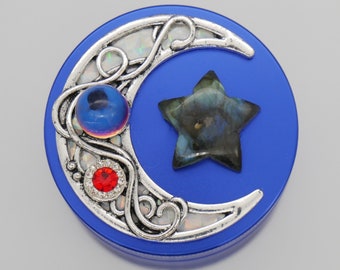 Moon with Labradorite Star and Crystal Orb - SMALL-MEDIUM 50MM (2 INCH) 4 Part Blue Metal Herb Grinder