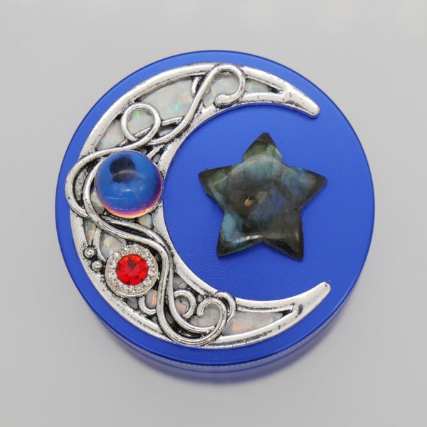 Moon with Labradorite Star and Crystal Orb - SMALL-MEDIUM 50MM (2 INCH) 4 Part Blue Metal Herb Grinder