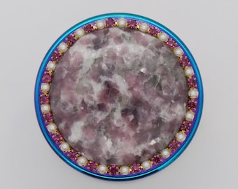 Lepidolite Semi-precious Gemstone with Rhinestones - Small 40mm (1.6 inch) 4 Part Rainbow Metal Herb Grinder