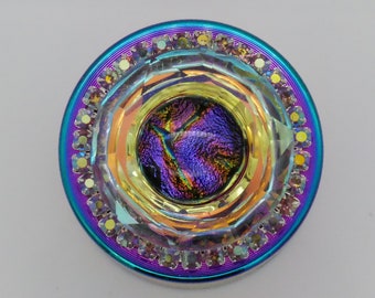 Size Small 40mm (1.6 inch) 4 Part Rainbow Metal Herb Grinder - Dichroic Glass in Crystal Ring with Rhinestones