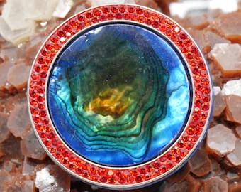 Blue Dyed Abalone Surrounded by Rhinestones - Small 40mm (1.6 inch) 4 Part Blue Metal Herb Grinder