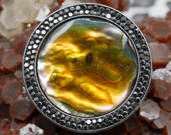 Size Small 40mm (1.6 inch) 4 Part Gray Metal Herb Grinder - Yellow Dyed Abalone with Rhinestone Ring