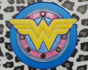 Size Large 62mm (2.4 inch) 4 Part Blue Metal Herb Grinder - Wonder Woman Hand Painted Emblem with Hematite Stars
