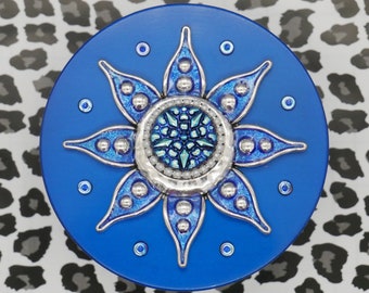 Hand Painted Flower and Czech Glass - Extra Large 3 Inch (80mm) 3 Part Blue Metal Herb Grinder - May Not Be Suited for Small Hands!