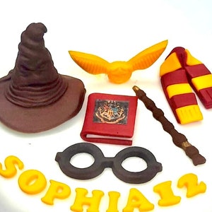 Edible handmade wizard hat snitch wand glasses personalised cake topper birthday decorations