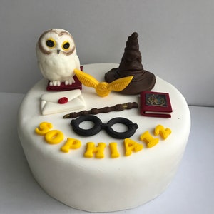 Edible handmade wizard Hat Owl wand snitch cake topper decorations
