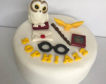 Edible handmade wizard owl wand snitch cake topper decorations