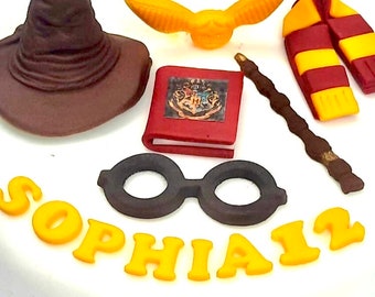 Edible handmade wizard hat snitch wand glasses personalised cake topper birthday decorations