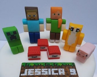 Edible fondant video game figures blocks  personalised cake topper kids birthday decorations